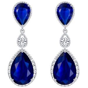 Silver with Blue Sapphire and White Diamond CZ Teardrop Chandelier Post Earrings